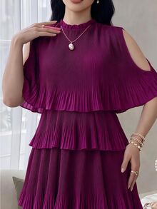 Modelyn Women Summer Solid Color Cape Sleeve Dress With Mushroom Collar, Multi-Layer Ruffled Hemline And Elegant Design Long Evening Dresses - Red Violet - View 4