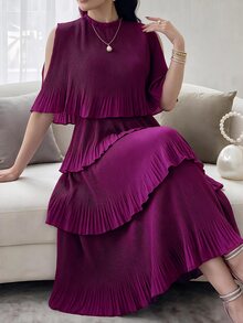 Modelyn Women Summer Solid Color Cape Sleeve Dress With Mushroom Collar, Multi-Layer Ruffled Hemline And Elegant Design Long Evening Dresses - Red Violet - View 6