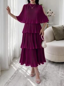 Modelyn Women Summer Solid Color Cape Sleeve Dress With Mushroom Collar, Multi-Layer Ruffled Hemline And Elegant Design Long Evening Dresses - Red Violet - View 5