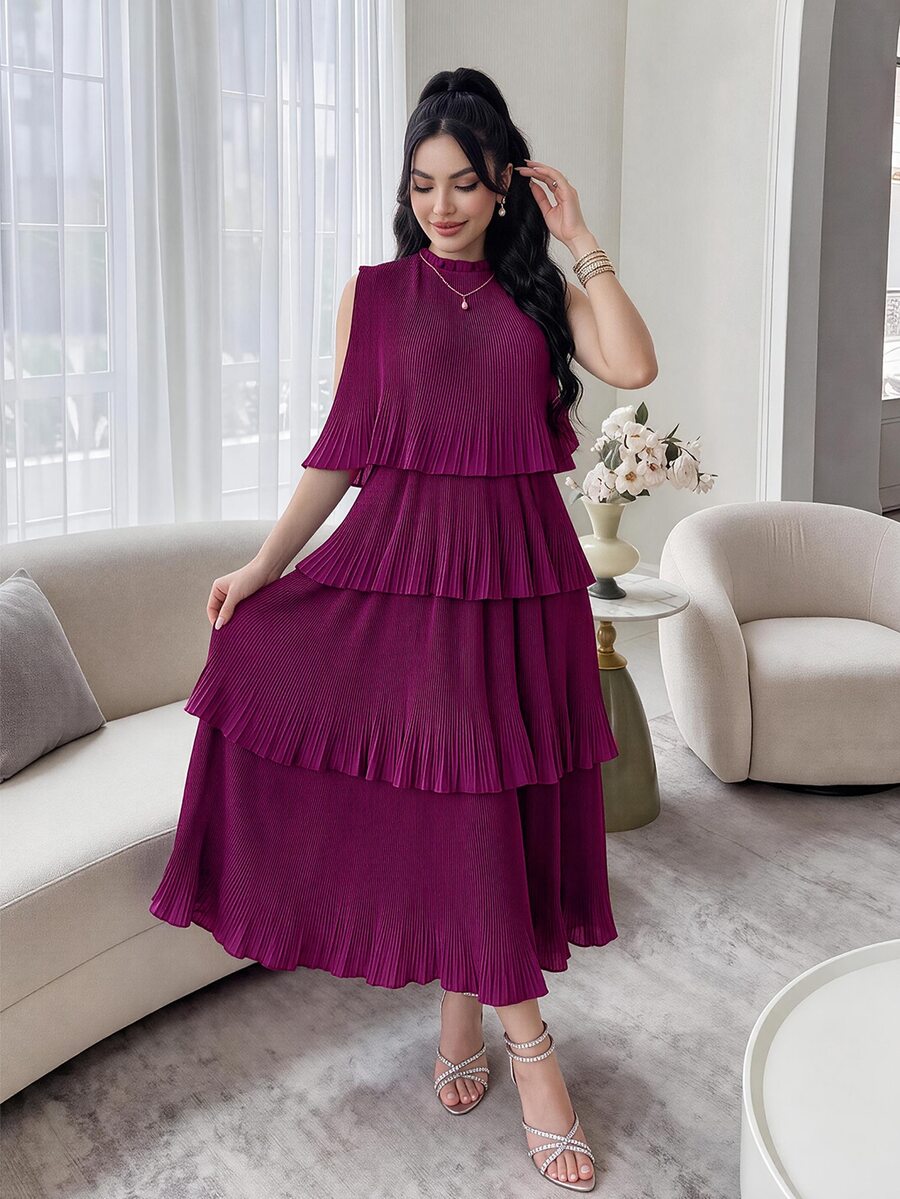 Modelyn Women Summer Solid Color Cape Sleeve Dress With Mushroom Collar, Multi-Layer Ruffled Hemline And Elegant Design Long Evening Dresses