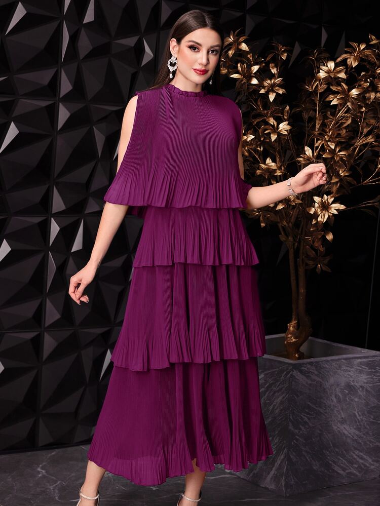 Modelyn Women Summer Solid Color Cape Sleeve Dress With Mushroom Collar, Multi-Layer Ruffled Hemline And Elegant Design Long Evening Dresses - Red Violet - View 9