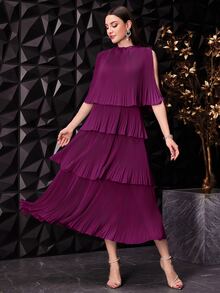 Modelyn Women Summer Solid Color Cape Sleeve Dress With Mushroom Collar, Multi-Layer Ruffled Hemline And Elegant Design Long Evening Dresses - Red Violet - View 12