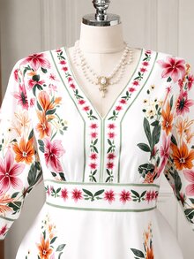Rometta 女款V領收腰花卉印花波希米亞浪漫星空婚禮正式優雅大尺碼洋裝 秋季派對全白 - 彩色 - 查看 8