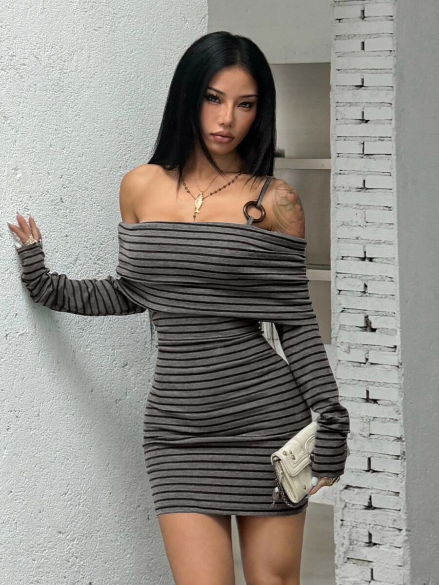 Jeanoix Women's Korean Style Hot Girl Striped Color Block Ring Decor Dress - Multicolor - View 1