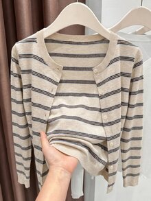 Easowa Curve Plus Size Women's Striped Long Sleeve Single-Breasted Casual Knit Cardigan - Dark Grey - View 5