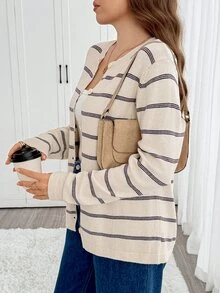 Easowa Curve Plus Size Women's Striped Long Sleeve Single-Breasted Casual Knit Cardigan - Dark Grey - View 4