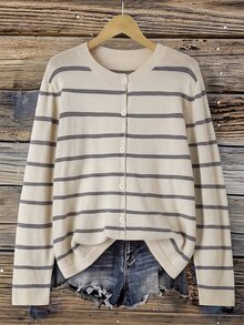 Easowa Curve Plus Size Women's Striped Long Sleeve Single-Breasted Casual Knit Cardigan - Dark Grey - View 7