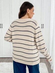 Easowa Curve Plus Size Women's Striped Long Sleeve Single-Breasted Casual Knit Cardigan - Dark Grey - View 2