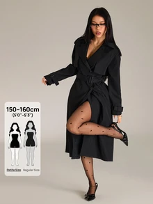 Sinnesro Spring/Autumn Fashion Solid Color Double-Breasted Trench Coat Jacket - Black - View 11