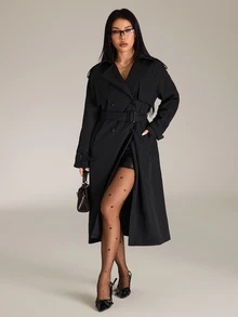 Sinnesro Spring/Autumn Fashion Solid Color Double-Breasted Trench Coat Jacket - Black - View 10