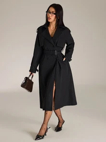 Sinnesro Spring/Autumn Fashion Solid Color Double-Breasted Trench Coat Jacket - Black - View 9