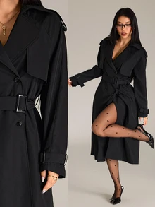Sinnesro Spring/Autumn Fashion Solid Color Double-Breasted Trench Coat Jacket - Black - View 8