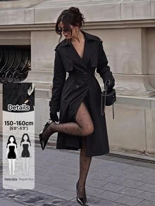 Sinnesro Spring/Autumn Fashion Solid Color Double-Breasted Trench Coat Jacket - Black - View 14