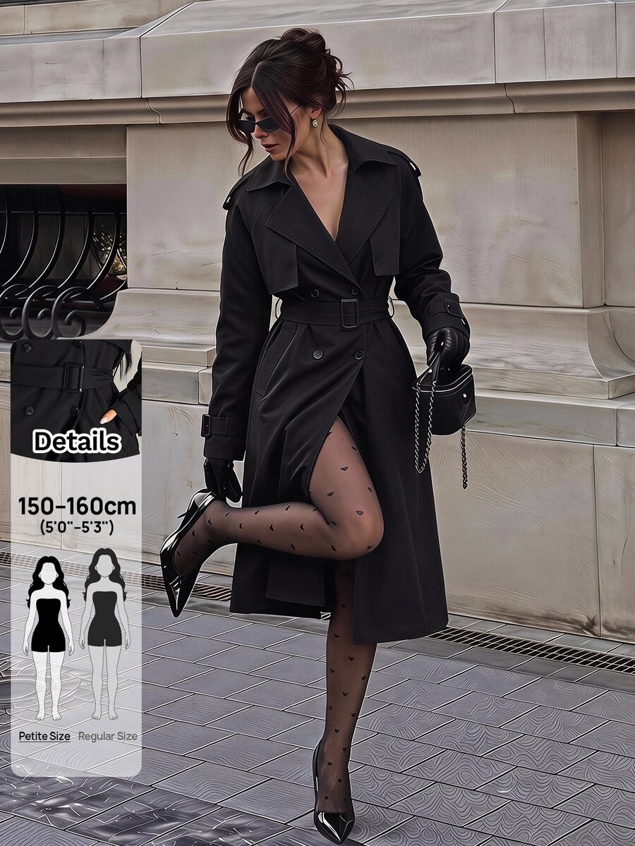 Sinnesro Jaket Trench Coat Kancing Ganda Warna Polos untuk Mode Musim Semi/Gugur - Hitam - View 1