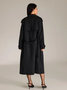 Sinnesro Spring/Autumn Fashion Solid Color Double-Breasted Trench Coat Jacket - Black - View 3