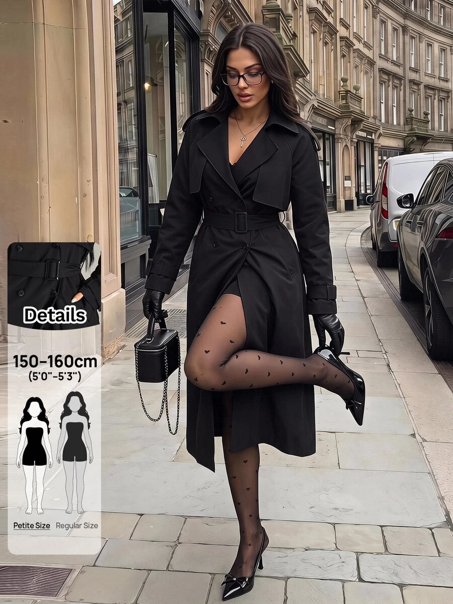 Sinnesro Spring/Autumn Fashion Solid Color Double-Breasted Trench Coat Jacket - Black - View 1