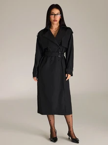 Sinnesro Spring/Autumn Fashion Solid Color Double-Breasted Trench Coat Jacket - Black - View 4