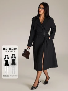 Sinnesro Spring/Autumn Fashion Solid Color Double-Breasted Trench Coat Jacket - Black - View 7