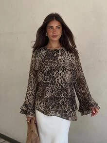 Siren Gaze Women's Brown Round Neck Bell Sleeve Multi-Layer Ruffle Fashion Blouse Brunch Night Out Fall Sexy Going Out - Multicolor - View 2