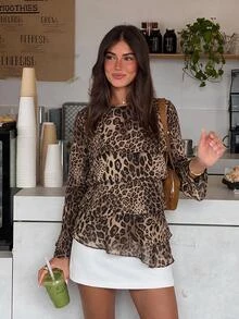 Siren Gaze Women's Brown Round Neck Bell Sleeve Multi-Layer Ruffle Fashion Blouse Brunch Night Out Fall Sexy Going Out - Multicolor - View 1