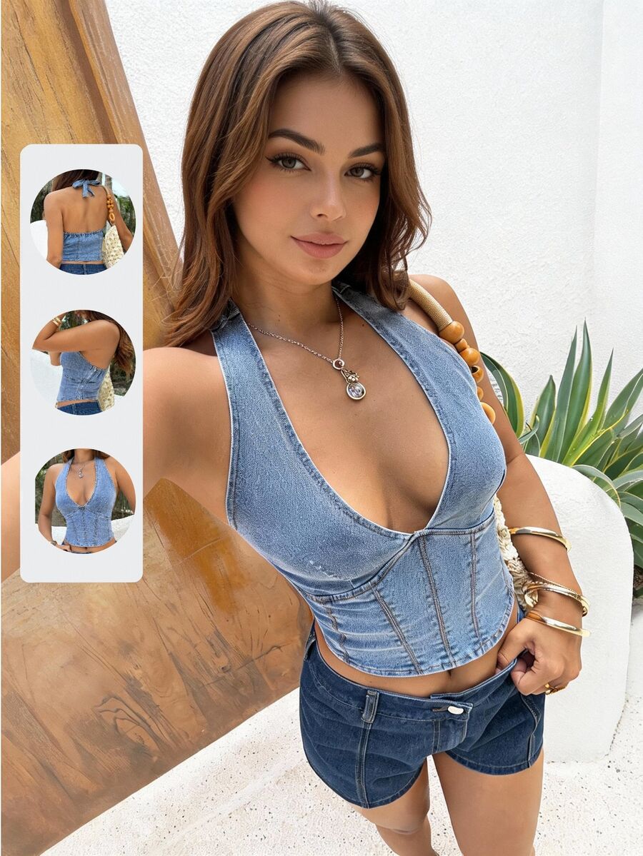 Rivivi Women's Ruched Halter Tie Back Sexy Versatile Denim Crop Top - Blue - View 1
