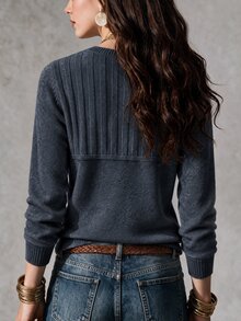 SHEIN 優雅米色羅紋針織長袖上衣，復古半鈕扣亨利領，通勤外套內搭毛衣 - 深灰色 - 查看 2
