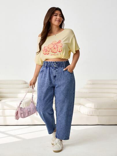 Solflare Celana Jeans Ukuran Besar Model Paper Bag dengan Pinggang Longgar Kasual untuk Sehari-hari dan Serbaguna