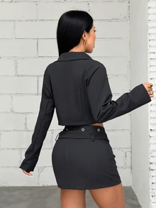 Jeanoix Women's Lapel Neck Corn Design Cropped Jacket And Skirt Suit Set Party Night Out Dark Grey Fall Sexy - Multicolor - View 2