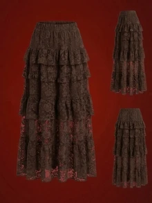 Glisette Women's Street Style 70's Vintage Korean Lace Multi-Layer Hem Midi Skirt Halloween Party Brown Fall - Multicolor - View 1