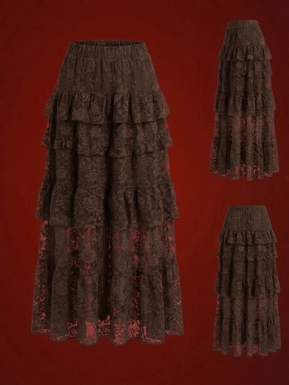 Glisette Women's Street Style Korean Lace Multi-Layer Hem Midi Skirt