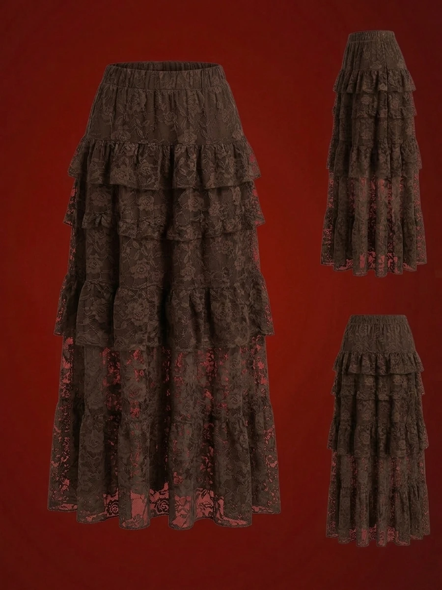 Glisette Women's Street Style 70's Vintage Korean Lace Multi-Layer Hem Midi Skirt Halloween Party Brown Fall - Multicolor - View 1