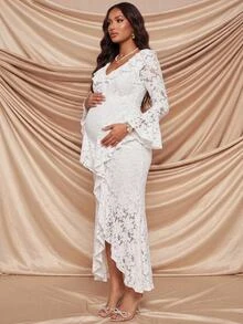 MaterniChic Maternity Lotus Collar Flare Sleeve Split Hem Elegant Sexy Chic Dress Winter Outfit For Women Wedding Photoshoot Baby Shower Guest Fall White - White - View 1