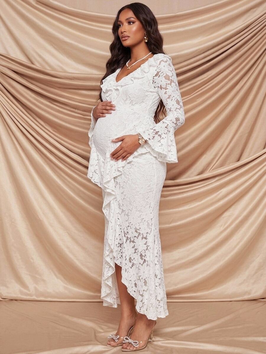 MaterniChic Maternity Lotus Collar Flare Sleeve Split Hem Elegant Sexy Chic Dress Winter Outfit For Women Wedding Photoshoot Baby Shower Guest Fall White - White - View 1