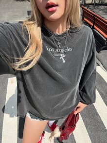 Muchica Plus Size Acid Washed Look Vintage Knitted Distressed Loose Fit Long Sleeve T-Shirt Fall - Black - View 1