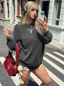 Muchica Plus Size Acid Washed Look Vintage Knitted Distressed Loose Fit Long Sleeve T-Shirt Fall - Black - View 5