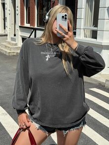 Muchica Plus Size Acid Washed Look Vintage Knitted Distressed Loose Fit Long Sleeve T-Shirt Fall - Black - View 4