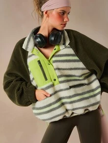 VARSIVA Jaket Wanita Lengan Panjang Longgar, Berlapisan Bulu, Model Setengah Terbuka, Warna Hijau Zaitun dengan Garis-Garis Kontras, Nyaman dan Hangat - MultiWarna - View 4