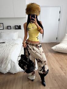 Bitrose Y2K Millennium Retro Star Print Yellow Ribbed Spaghetti Strap Tank Top, High Neck Sleeveless Slim Fit Sexy Knit Camisole - Yellow - View 4