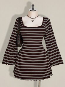 SHEIN ICON Plus Size Colorful Striped Backless Flare Sleeve Knit Dress Bell Sleeve Dress Striped Dress Scoop Neck Dress Fall - Multicolor - View 8