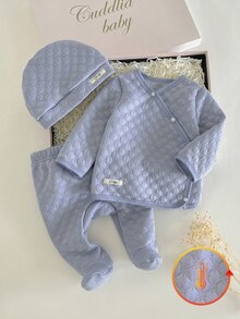 3件組 秋冬新生兒居家服 紫色柔軟舒適紋理雙面布料 休閒簡約長袖上衣 + 腳套褲 + 帽子 - 藍色 - 查看 4