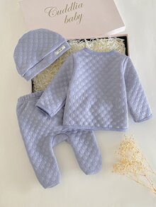 3件組 秋冬新生兒居家服 紫色柔軟舒適紋理雙面布料 休閒簡約長袖上衣 + 腳套褲 + 帽子 - 藍色 - 查看 3