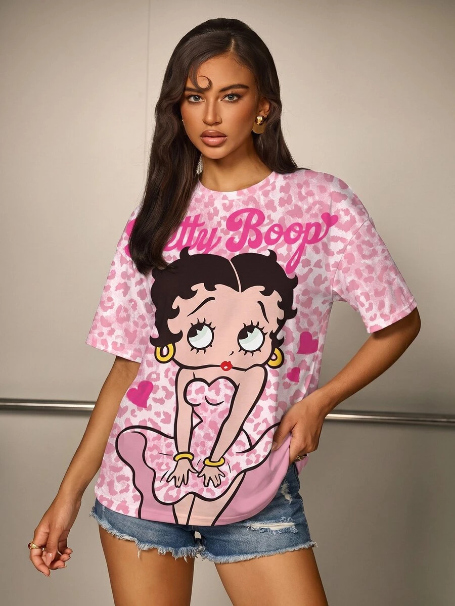 Betty Boop x SHEIN 女款夏季休閒豹紋卡通圖案T恤 - 白色 - 查看 1