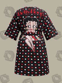 Betty Boop x SHEIN Plus Size Women Cartoon Figure Graphic & Heart Polka Dot Print Loose Belted Robe - Black - View 3