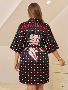 Betty Boop x SHEIN Plus Size Women Cartoon Figure Graphic & Heart Polka Dot Print Loose Belted Robe - Black - View 1