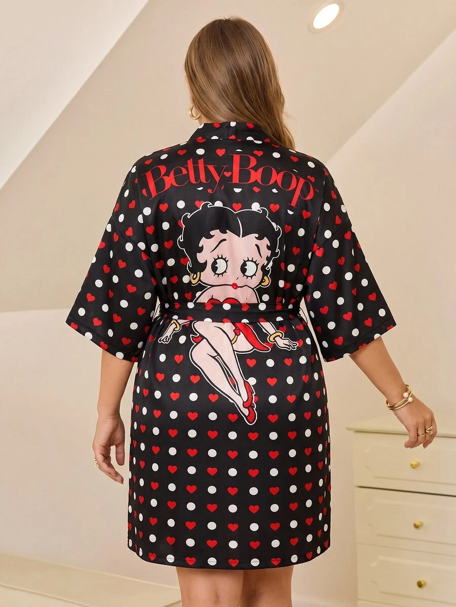 Betty Boop x SHEIN Plus Size Women Cartoon Figure Graphic & Heart Polka Dot Print Loose Belted Robe - Black - View 1