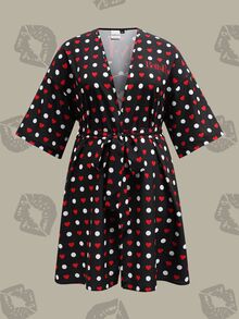 Betty Boop x SHEIN Plus Size Women Cartoon Figure Graphic & Heart Polka Dot Print Loose Belted Robe - Black - View 2