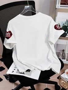 Betty Boop x SHEIN Women's Fashionable Versatile Leopard Print & Cartoon Character Colorblock Round Neck T-Shirt - White - View 2