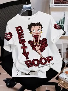 Betty Boop x SHEIN Women's Fashionable Versatile Leopard Print & Cartoon Character Colorblock Round Neck T-Shirt - White - View 4