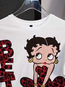 Betty Boop x SHEIN Women's Fashionable Versatile Leopard Print & Cartoon Character Colorblock Round Neck T-Shirt - White - View 5