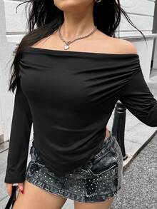 Muchica Plus Size Women's Solid Color Long Sleeve Off Shoulder Casual T-Shirt, Autumn Fall - Black - View 5